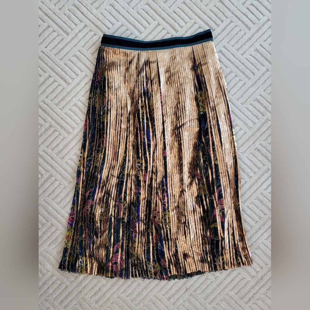Anthropologie Gold and Print Midi Skirt